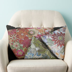 Multi Colored faux Embroidered Boho Chic Floral Lumbar Pillow