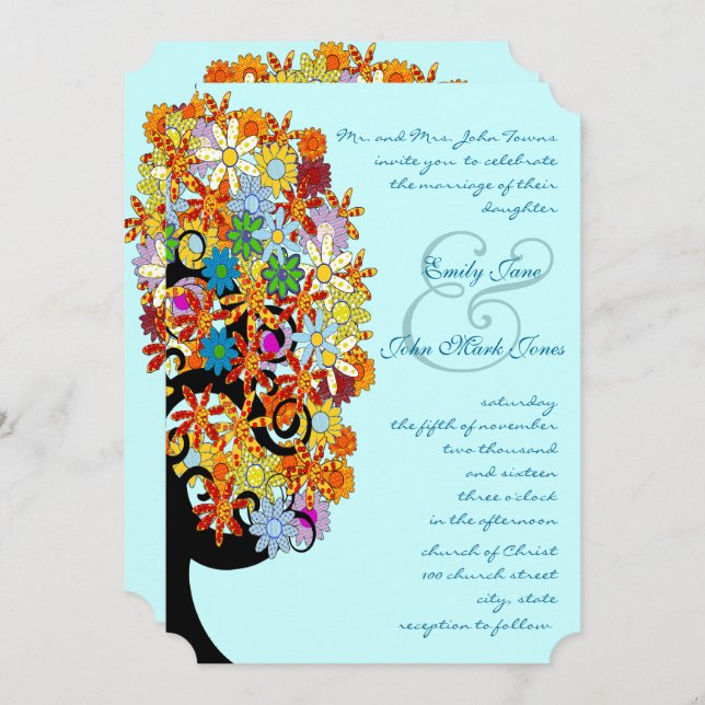 Multi Colored Flower  Love Tree Wedding Invitation (Front/Back)