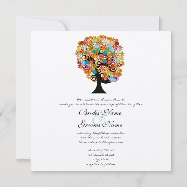 Multi Colored Flower  Love Tree Wedding Invitation (Front)