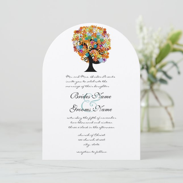Multi Colored Flower  Love Tree Wedding Invitation (Standing Front)