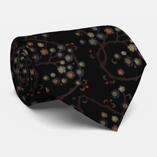 Multi-Colored Flowers On Black Neck Tie (Rolled)