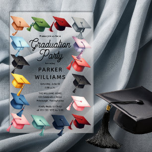 Multi-Colored Grad Caps Graduation Party Acrylic Invitations