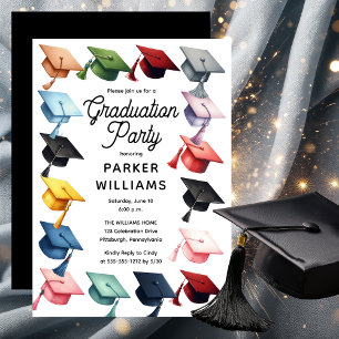 Multi-Colored Grad Caps Graduation Party Invitation