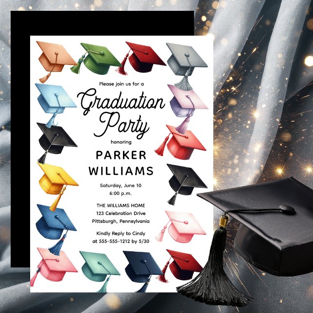 Multi-Colored Grad Caps Graduation Party Invitation (Multi-Colored Grad Caps Graduation Party Invitation)