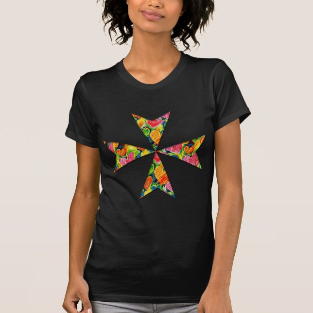 Multi-Colored Heart Maltese Cross T-Shirt (Front)