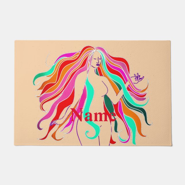 Multi-colored long-haired goddess Thunder_Cove Doormat (Front)