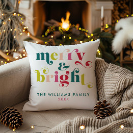 Multi Colored Modern Merry & Bright Christmas Throw Pillow