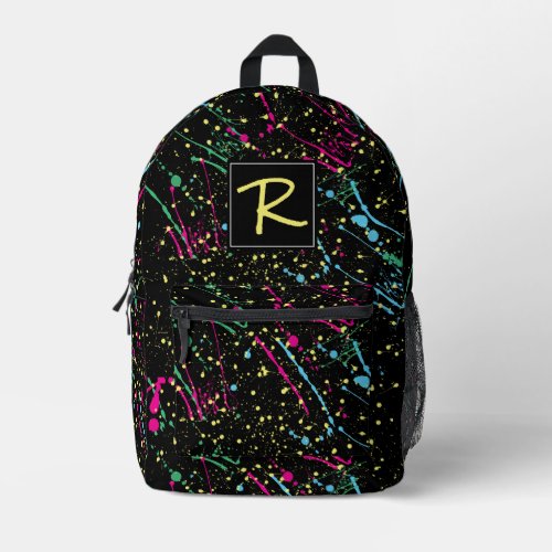 Multi_Colored Neon Paint Splatters Black Printed Backpack