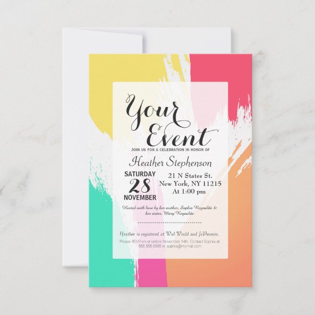 Multi-Colored Paint Brushstrokes Invitation (Front)
