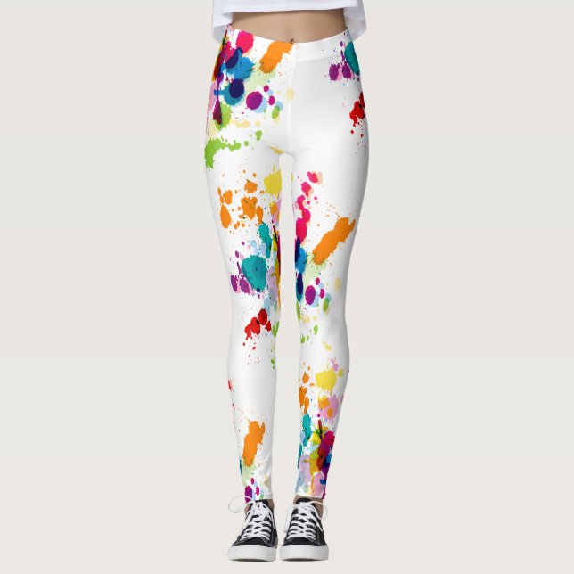 Multi-Colored Paint Splatter on White Leggings (Front)