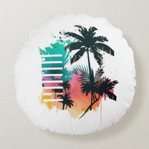 multi-colored palm tree in retro style hand-drawn round pillow