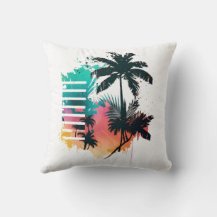 multi-colored palm tree in retro style hand-drawn throw pillow