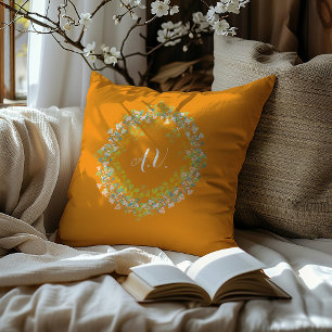 Multi-colored Pastel Floral Wreath and Monograms Throw Pillow
