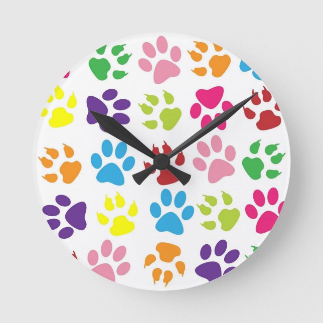 Multi-Colored Paw Prints Round Clock (Front)