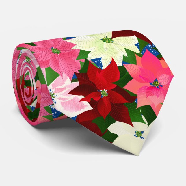 Multi Colored Poinsettia Christmas Neck Tie (Rolled)