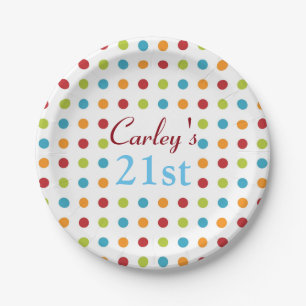 Multi-Colored Polka Dots 21st Custom Birthday Paper Plates