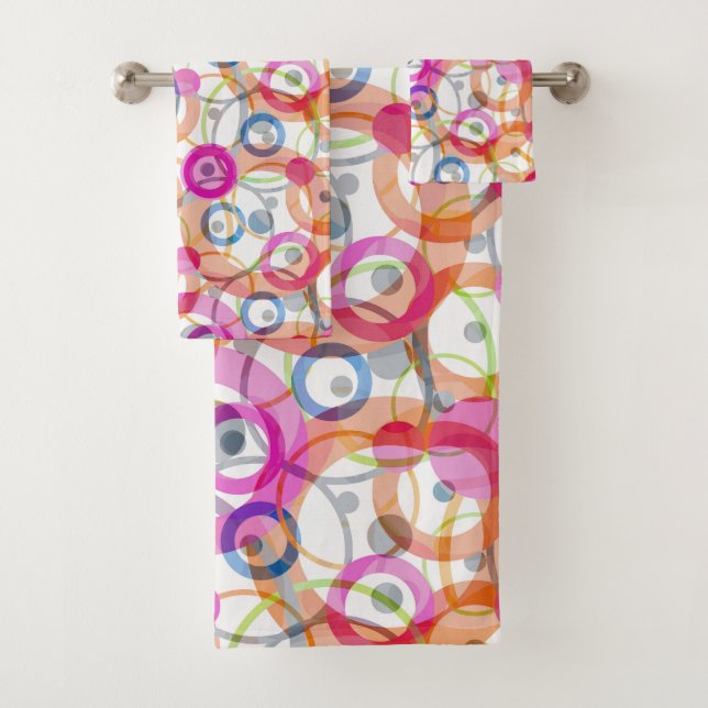 Multi-colored polka dots, circles on a white bath towel set (Insitu)