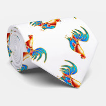 multi colored roosters on white tie