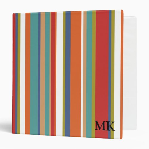 Multi Colored Stripe Pattern Monogram 3 Ring Binder