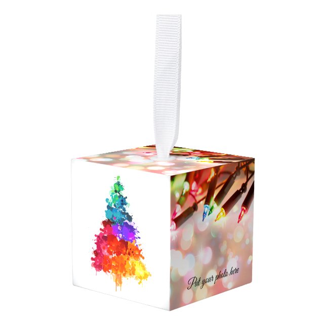 Multi colored twinkle lights cube ornament (Front Angled)