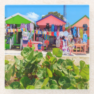 Multi Colored Wood Cottages   Long Bay Beach Glass Coaster