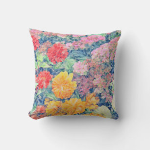 Multi Colored Zinnia Sedum Painterly-Blue accents Throw Pillow