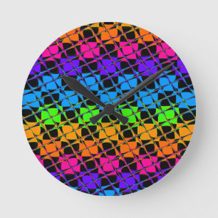 Multi colorful checkered rainbow mirror image round clock