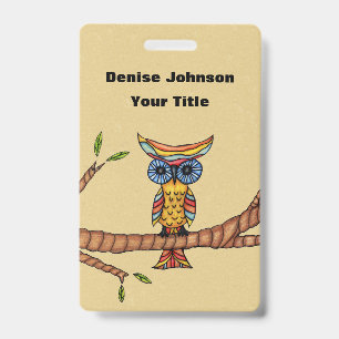 Multi Colors Fantasy Owl on Tree Branch Tan Badge