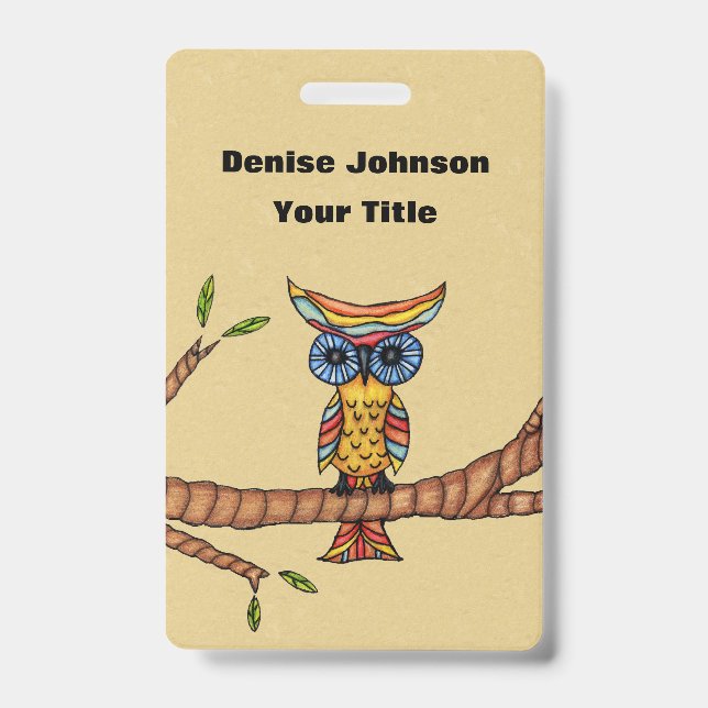 Multi Colors Fantasy Owl on Tree Branch Tan Badge (Front)