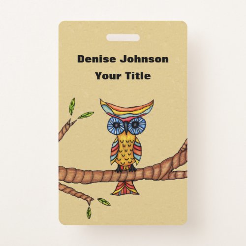 Multi Colors Fantasy Owl on Tree Branch Tan Badge