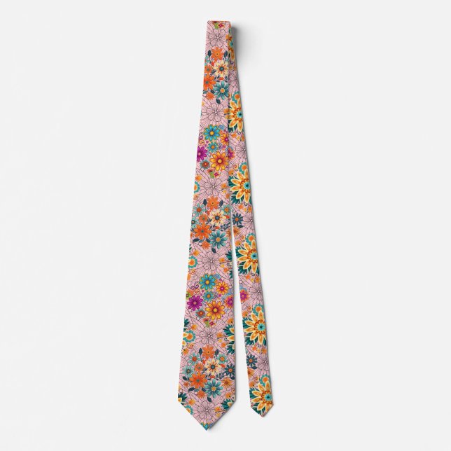 Multi-colors flower pots pattern. black neck tie (Front)