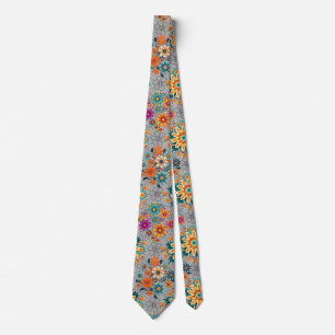 Multi-colors flower pots pattern. black neck tie