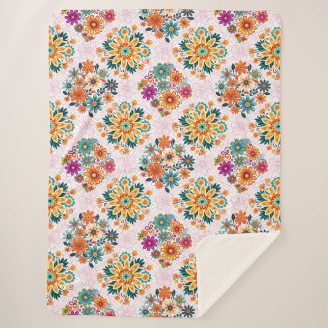 Multi-Colors Flower Pots Pattern - Pink Sherpa Blanket (Front)