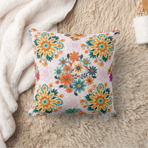 Multi-Colors Flower Pots Pattern - Pink Throw Pillow