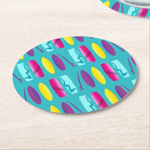 Multi Coloured Surf Board Pattern Cool Beach Sport Round Paper Coaster