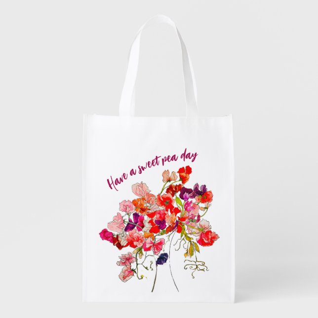 Multi-coloured Sweet Peas with message  Grocery Bag (Front)