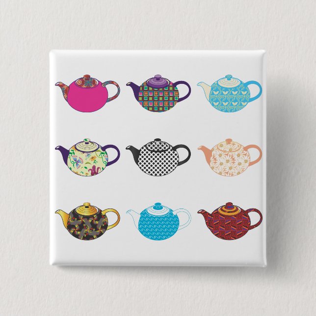 Multi-coloured Tea Kettles Pinback Button (Front)