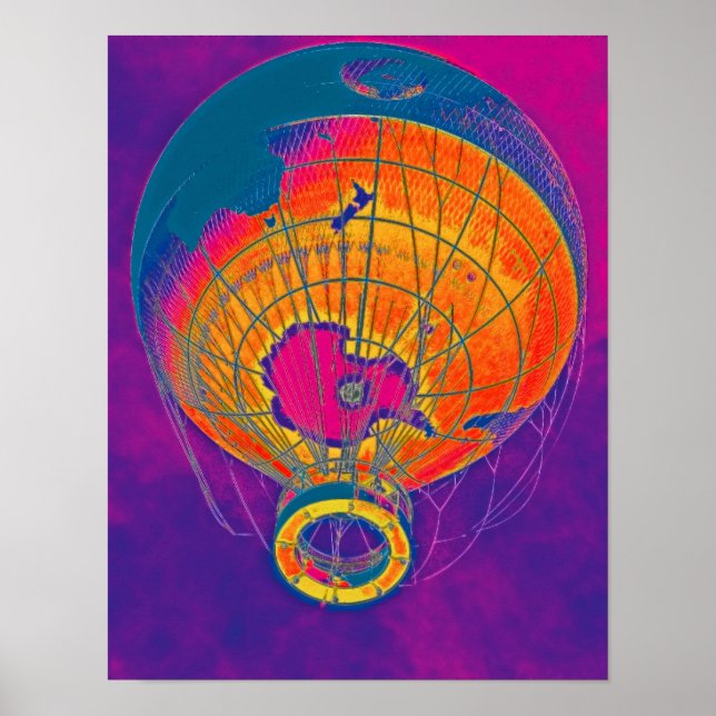 Multi-coloured World Globe Balloon, Purple Sky Poster (Front)