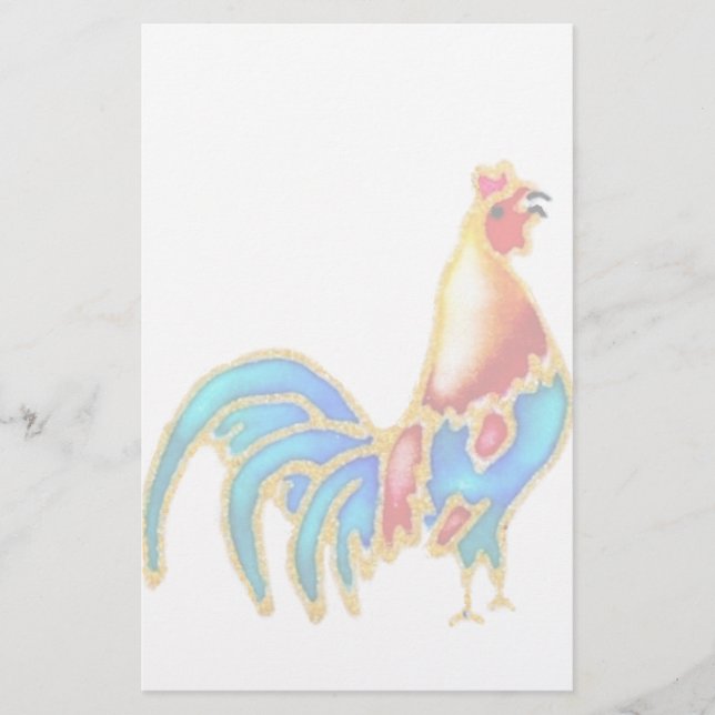 multi colourful crowing Rooster cockerel Stationery (Front)