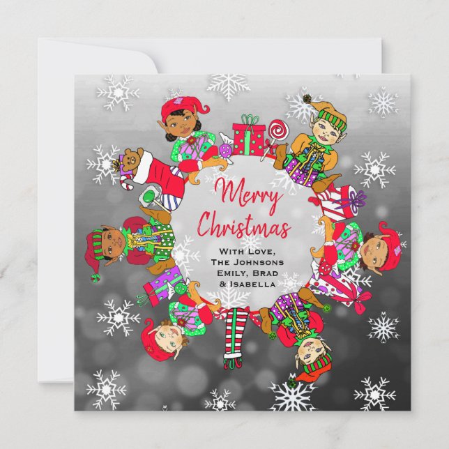 Multi-Cultural Little Cute Whimsical Elves Card (Front)