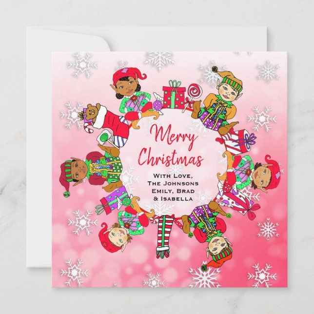 Multi-Cultural Little Cute Whimsical Elves Card (Front)
