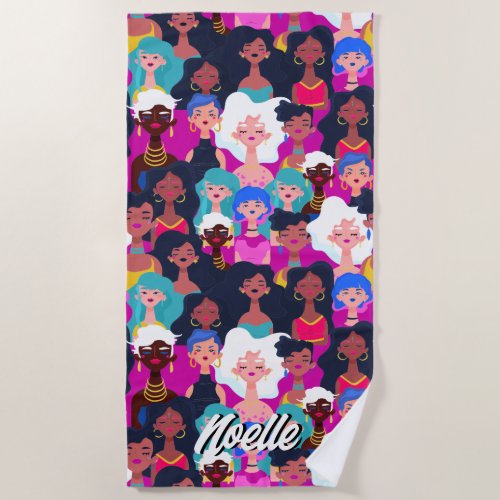 Multi_Cultural Womens Faces Pattern Your Name Beach Towel