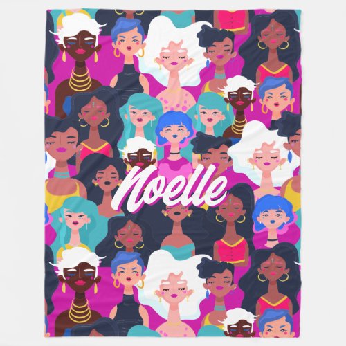 Multi_Cultural Womens Faces Pattern Your Name Fleece Blanket