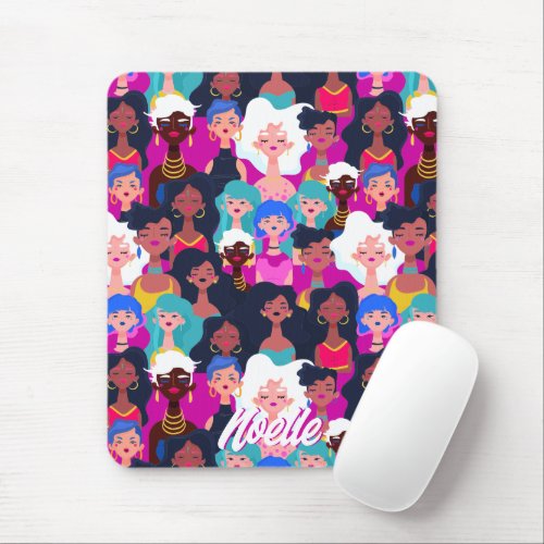 Multi_Cultural Womens Faces Pattern Your Name Mouse Pad