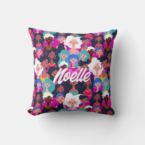 Multi_Cultural Womens Faces Pattern Your Name Throw Pillow