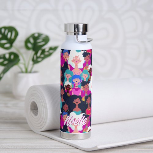 Multi_Cultural Womens Faces Pattern Your Name Water Bottle