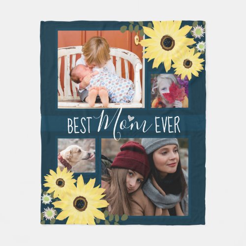 Multi Family Photo Best Mom Ever Rustic Sunflowers Fleece Blanket