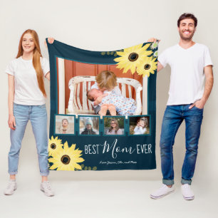 Multi Family Photo Best Mom Ever Rustic Sunflowers Fleece Blanket