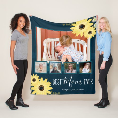 Multi Family Photo Best Mom Ever Rustic Sunflowers Fleece Blanket