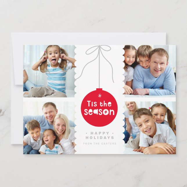 MULTI FAMILY PHOTO festive bauble decoration red Holiday Card (Front)